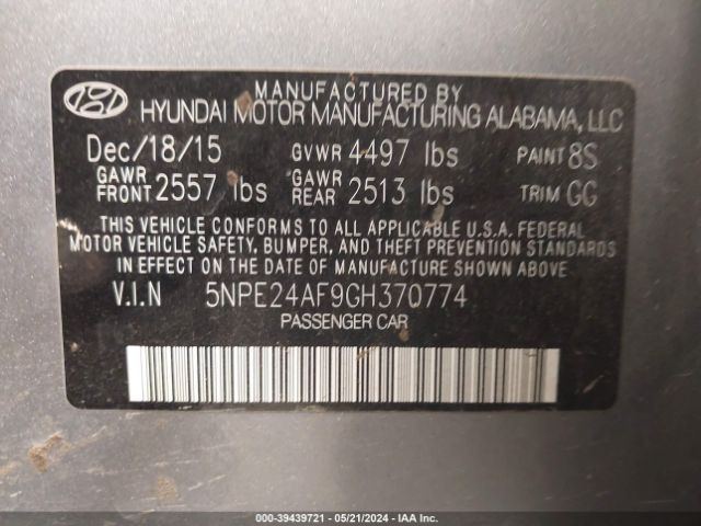 5NPE24AF9GH370774 Hyundai SONATA SE
