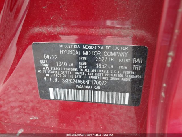 3KPC24A66NE170072 Hyundai ACCENT SE