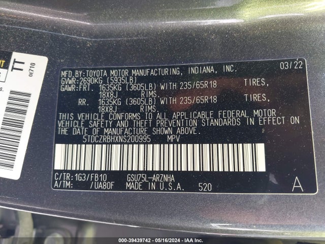 Toyota Highlander L 2022 5TDCZRBHXNS200995 Image 9