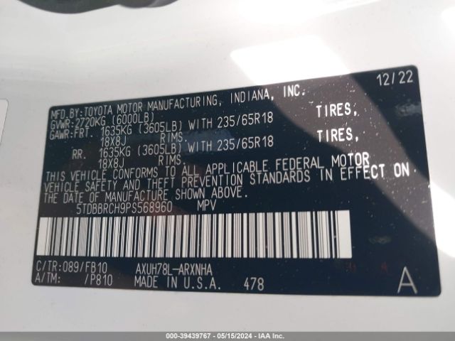 5TDBBRCH9PS568960 Toyota Highlander Hybrid Le