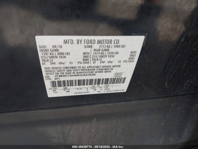 Ford EXPLORER XLT 2019 1FM5K7DH0KGA03656 Image 9