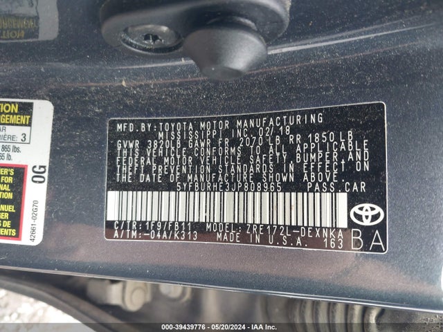Toyota COROLLA LE 2018 5YFBURHE3JP808965 Image 9