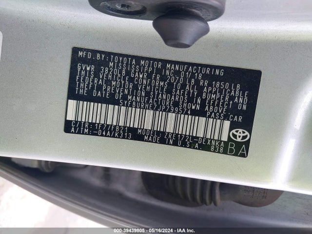 Toyota COROLLA LE 2018 5YFBURHE7JP799574 Image 9