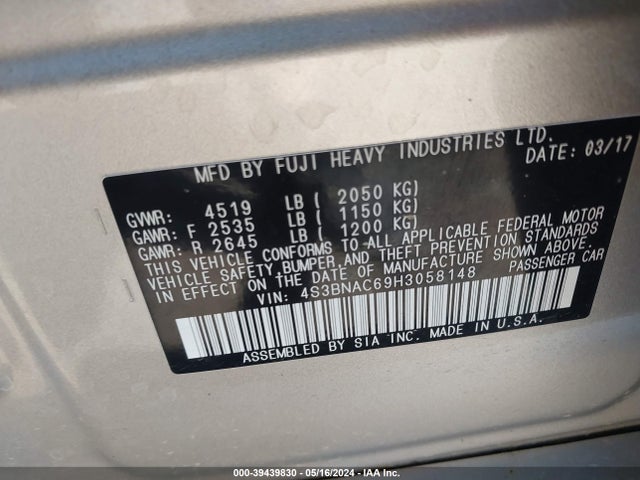 Subaru Legacy 2.5i Premium 2017 4S3BNAC69H3058148 Image 9