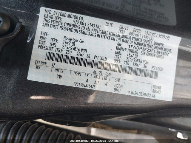 Ford FOCUS SE 2015 1FADP3F22FL381807 Image 9