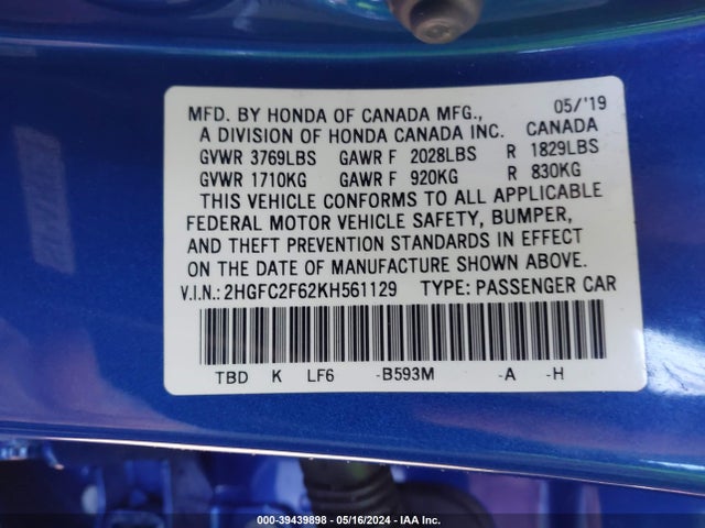 Honda Civic Lx 2019 2HGFC2F62KH561129 Image 9