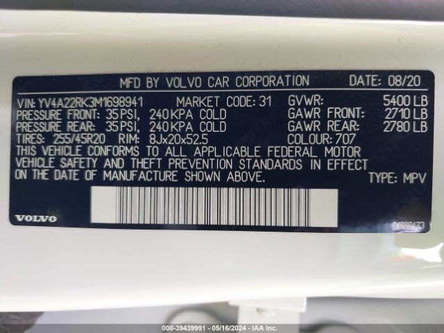 YV4A22RK3M1698941 Volvo Xc60 T6 Momentum