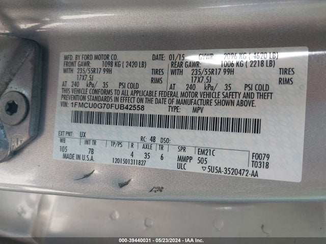 Ford ESCAPE SE 2015 1FMCU0G70FUB42558 Image 9
