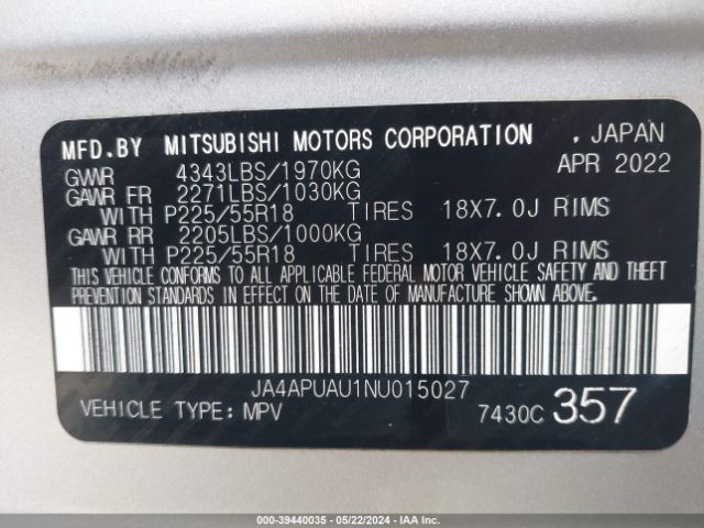 JA4APUAU1NU015027 Mitsubishi Outlander Sport 2.0 Be 2wd/2.0 Es 2wd/2.0 Le 2wd/2.0 S 2wd
