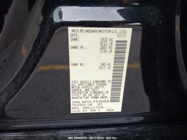 Nissan Altima 2.5 S 2015 1N4AL3AP3FC293088 Image 9