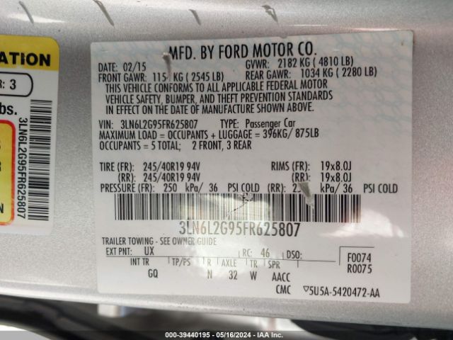3LN6L2G95FR625807 Lincoln MKZ