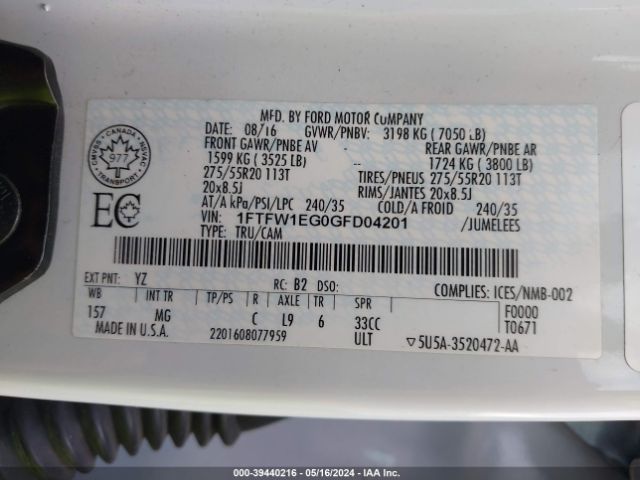 1FTFW1EG0GFD04201 Ford F-150 Xlt