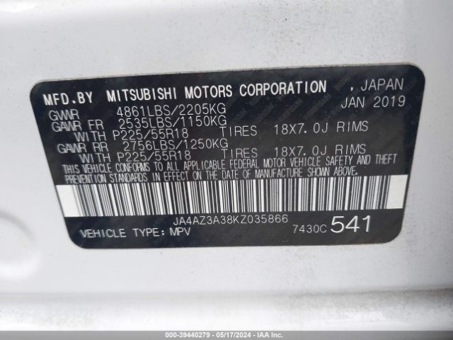 JA4AZ3A38KZ035866 Mitsubishi Outlander Sel