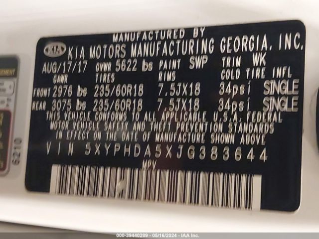 5XYPHDA5XJG383644 KIA Sorento 3.3l Ex