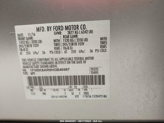 1FM5K8AR9HGB46987 Ford Utility Police Interceptor