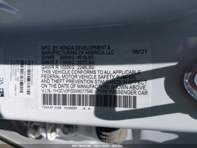 1HGCV3F50MA017546 Honda Accord Hybrid Ex-l