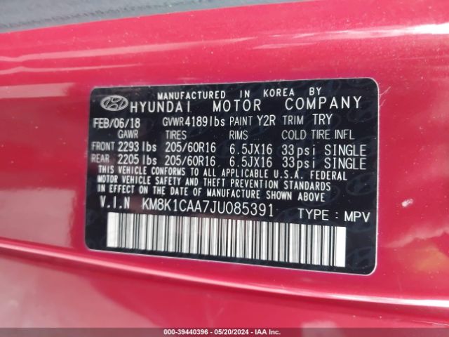 KM8K1CAA7JU085391 Hyundai Kona Se