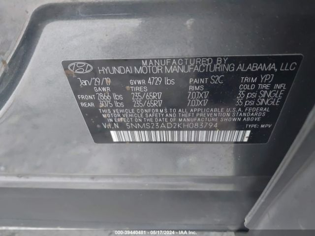 5NMS23AD2KH083794 Hyundai Santa Fe Se