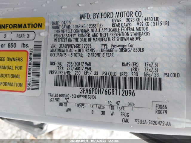 Ford FUSION SE 2016 3FA6P0H76GR112096 Image 9