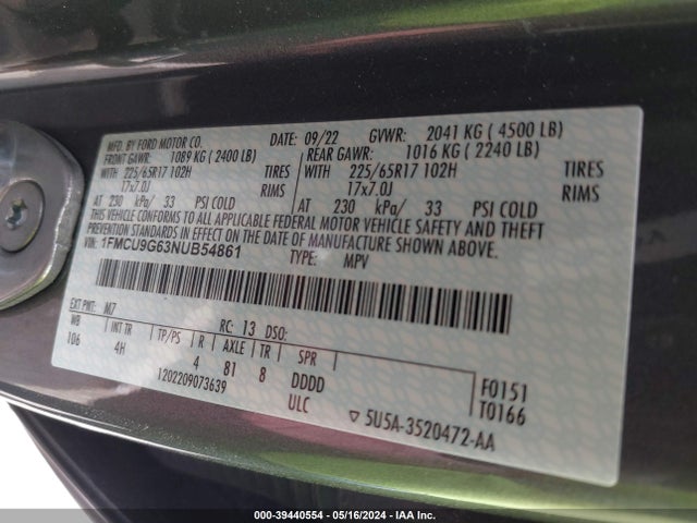 Ford ESCAPE SE 2022 1FMCU9G63NUB54861 Image 9