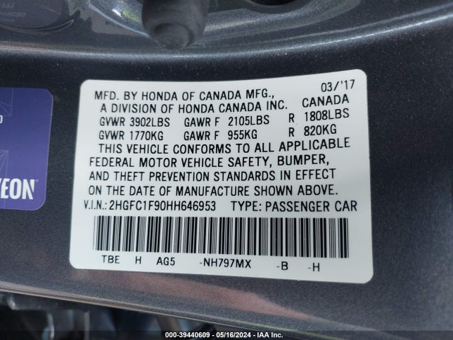Honda Civic Touring 2017 2HGFC1F90HH646953 Image 9