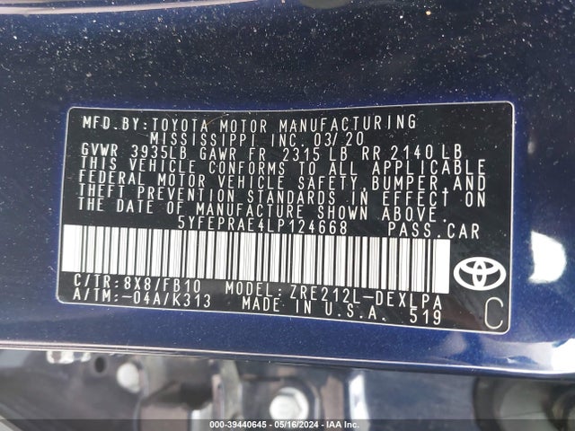 Toyota COROLLA LE 2020 5YFEPRAE4LP124668 Image 9