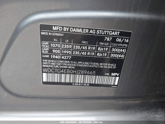 WDCTG4EB0HJ289665 Mercedes-Benz GLA 250
