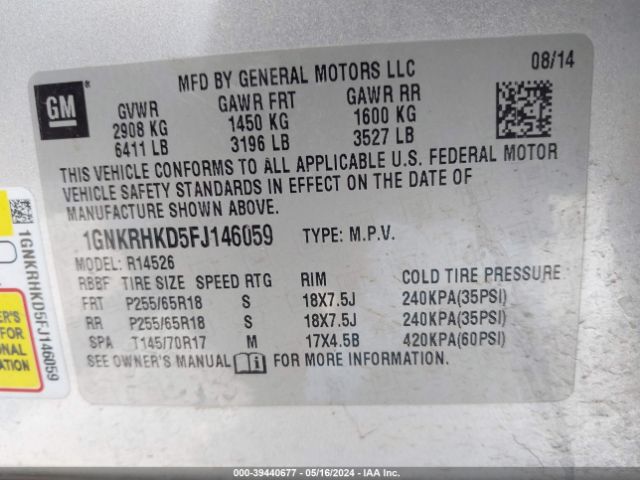 1GNKRHKD5FJ146059 Chevrolet Traverse 2lt