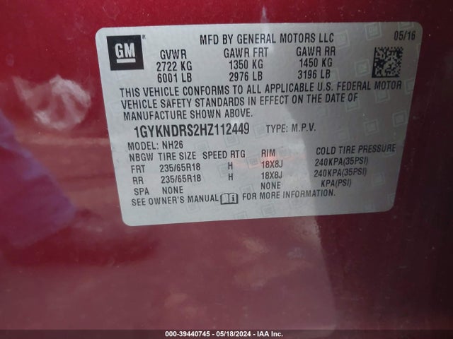 1GYKNDRS2HZ112449 Cadillac XT5 LUXURY