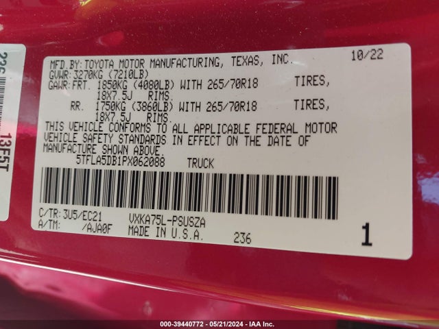 Toyota Tundra Sr5 2023 5TFLA5DB1PX062088 Image 9
