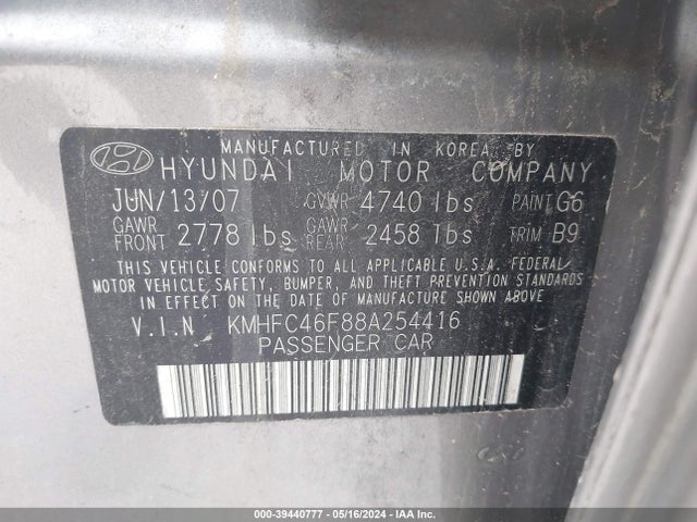 2008 Hyundai Azera Limited მანქანა იყიდება აუქციონზე, vin: KMHFC46F88A254416, აუქციონის ნომერი: 39440777
