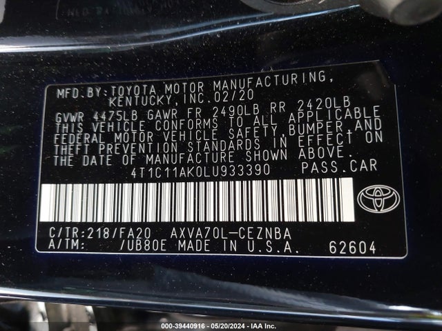 Toyota CAMRY LE 2020 4T1C11AK0LU933390 Image 9