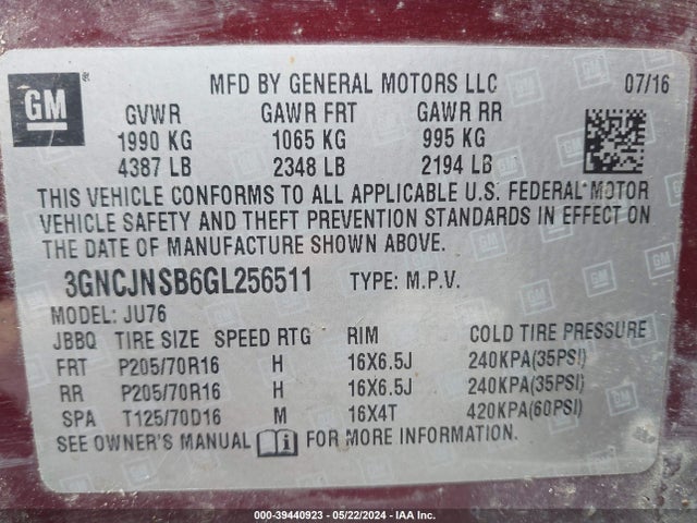 Chevrolet Trax 1ls 2016 3GNCJNSB6GL256511 Image 9