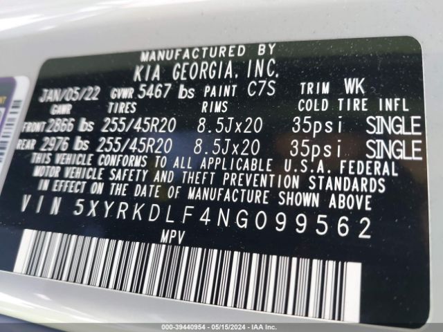 5XYRKDLF4NG099562 KIA SORENTO SX