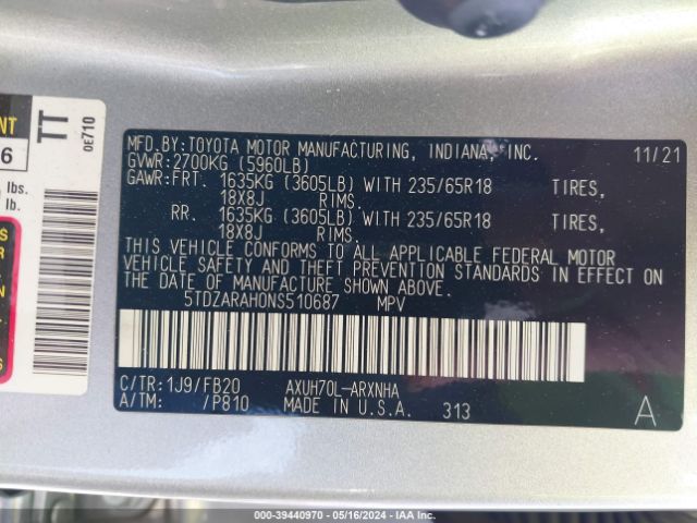 5TDZARAH0NS510687 Toyota Highlander Hybrid Le