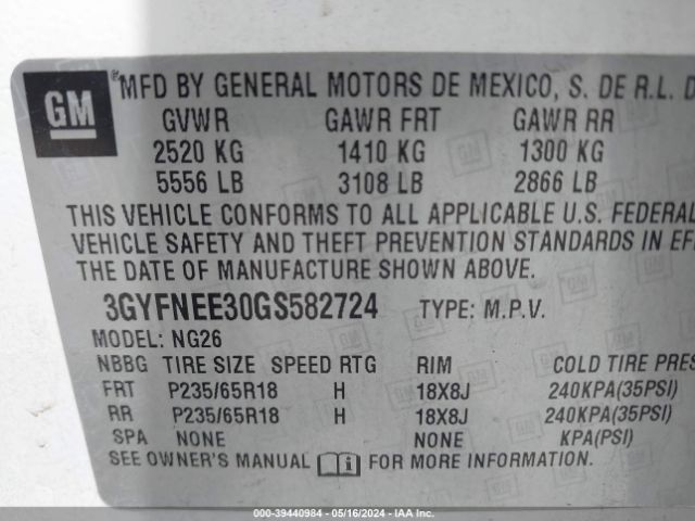 3GYFNEE30GS582724 Cadillac Srx Luxury Collection