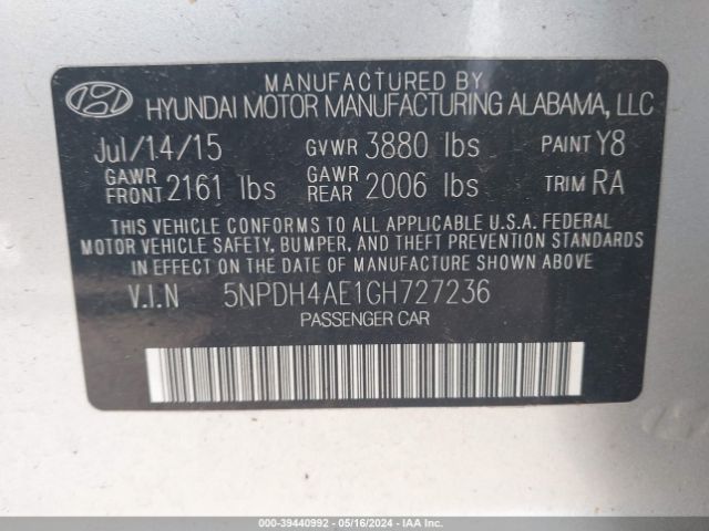 5NPDH4AE1GH727236 Hyundai ELANTRA SE