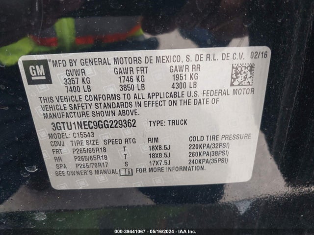 GMC Sierra 1500 Slt 2016 3GTU1NEC9GG229362 Image 9