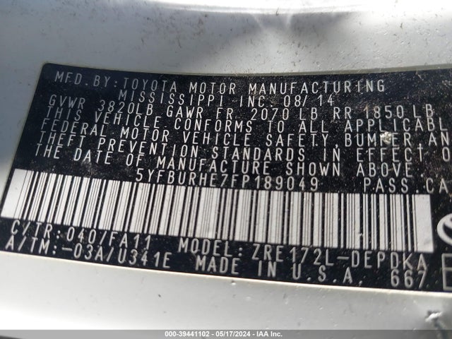 Toyota COROLLA L 2015 5YFBURHE7FP189049 Image 9