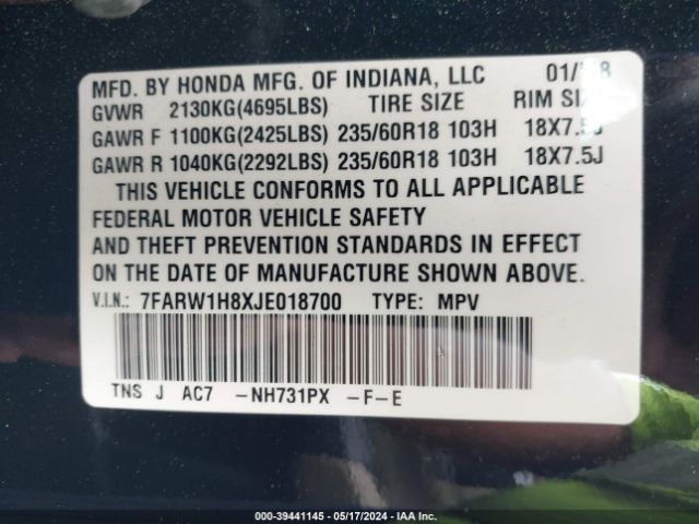 7FARW1H8XJE018700 Honda Cr-v Ex-l/ex-l Navi