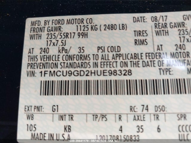 Ford ESCAPE SE 2017 1FMCU9GD2HUE98328 Image 9