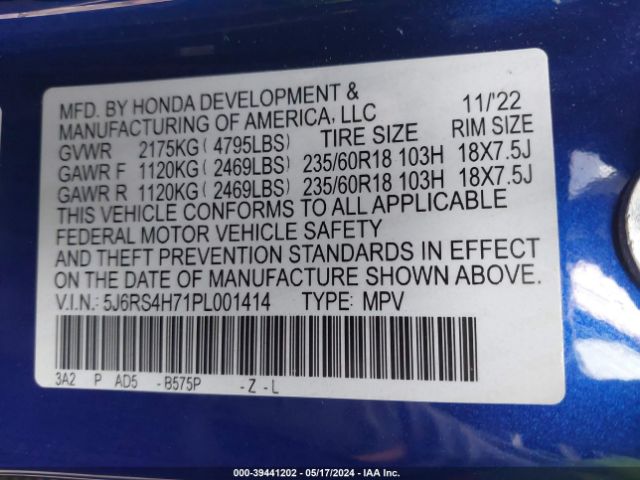 5J6RS4H71PL001414 Honda Cr-v Ex-l Awd