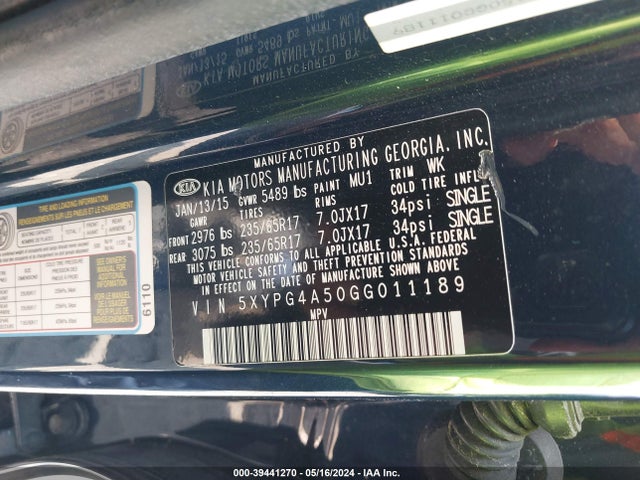 5XYPG4A50GG011189 KIA Sorento 3.3l Lx