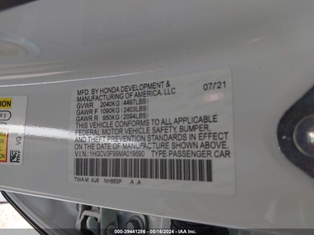 1HGCV3F99MA019590 Honda Accord Hybrid Touring