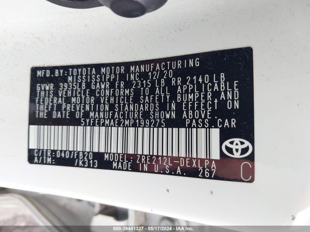Toyota COROLLA LE 2021 5YFEPMAE2MP199275 Image 9