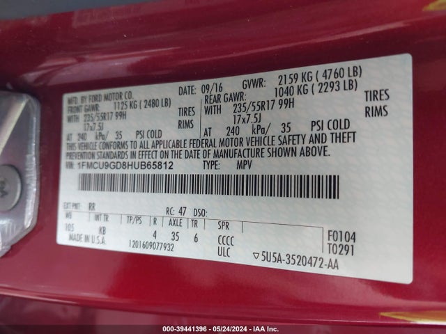 Ford ESCAPE SE 2017 1FMCU9GD8HUB65812 Image 9