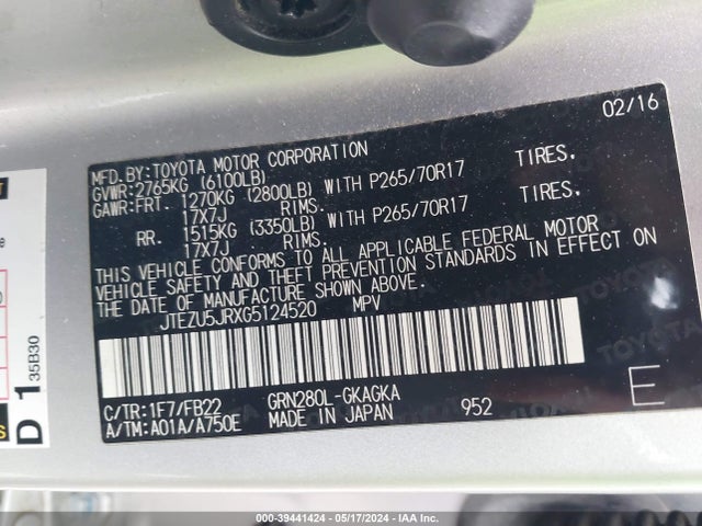 Toyota 4RUNNER SR5 2016 JTEZU5JRXG5124520 Image 9