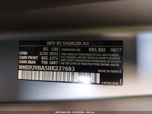 WMEFJ9BA5HK237683 Smart Fortwo Electric Drive Passion/prime/pure