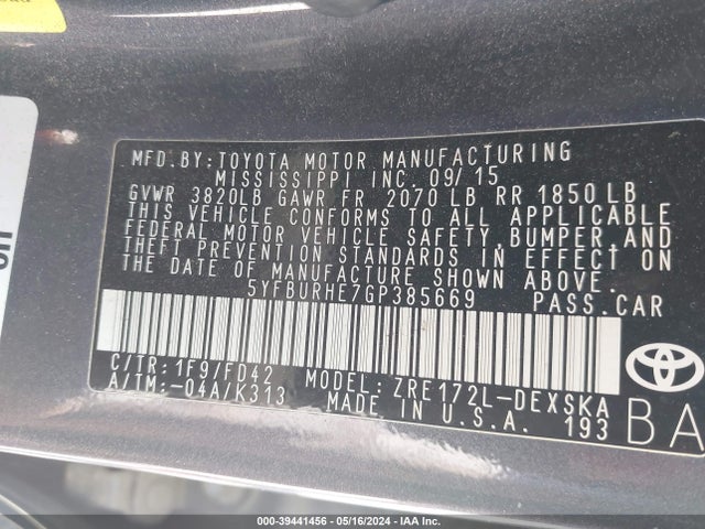 Toyota Corolla S Plus 2016 5YFBURHE7GP385669 Image 9