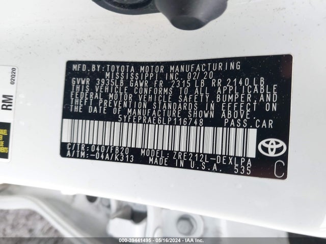 Toyota COROLLA LE 2020 5YFEPRAE6LP116748 Image 9